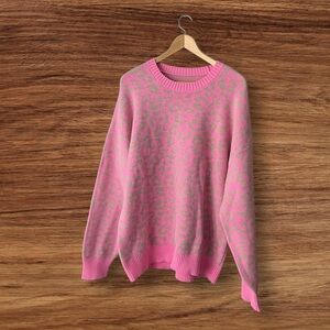 Smash + Tess Women's Leopard Oversized Long Sweater in Light Pink/Brown Medium